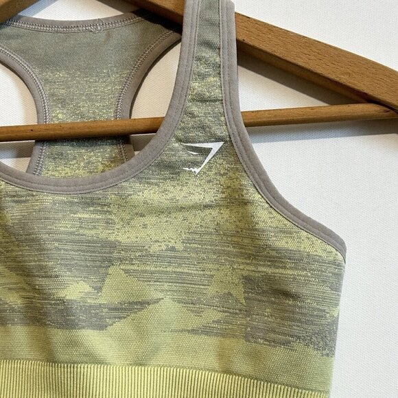 Gymshark Sports Bra Womens Small Gray Yellow Camo Racerback Seamless Run gym - Picture 1 of 5